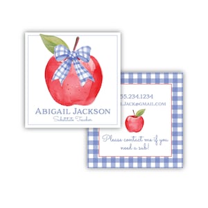 May include: A red apple with a blue and white gingham bow, a blue and white gingham background, and the text "ABIGAIL JACKSON Substitute Teacher" and "55.234.1234 L.JACK@GMAIL.COM Please contact me if you need a sub!"