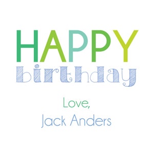 Pode incluir: Fundo branco com as palavras "HAPPY BIRTHAY" em verde e azul. Abaixo, em azul, diz "Love, Jack Anders". A palavra "birthday" est&aacute; em uma fonte manuscrita.