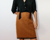 Winter Mohair Wool and Lambsleather Skirt, Ocher Highwaist Pencil Skirt, M