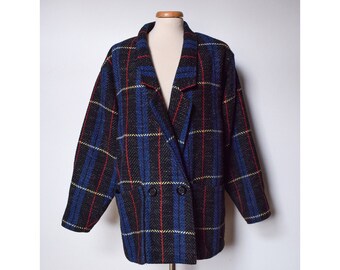 80s Boyfriend Tweed Blazer, Oversized Sport Chic Plaid Wool Coat, M