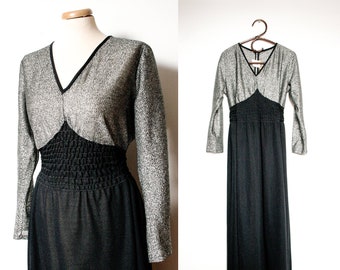 70s Black and Silver Evening Maxi Dress, Floor Length Metallic Party Gown, Made in England, M - L
