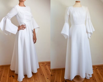 70s Handkerchief Sleeves Long Lace Wedding Dress, Mod Hippie Boho Wedding, M