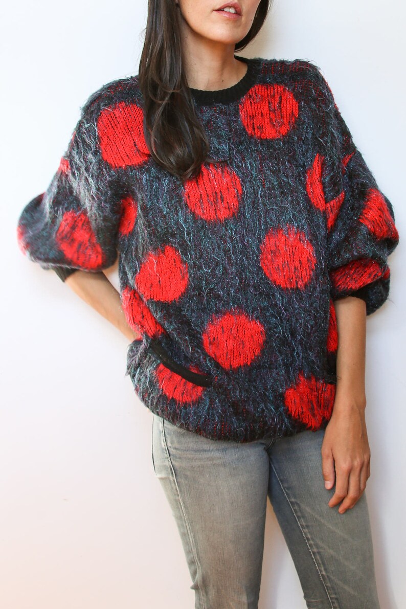 1980s Gray Red Polka Dot Sweater 80s Novelty Sweater Ugly Sweater Party 80s Hipster Sweater Vintage Crewneck Sweater Dotted