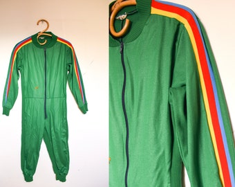 Vintage Green Sport Suit, Retro Tight Tracksuit with Colorful Stripes