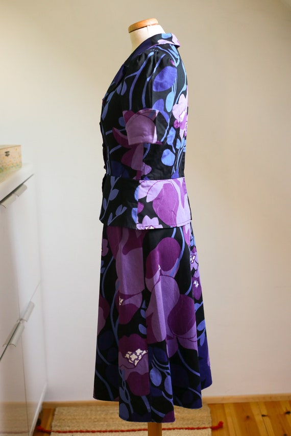 60s 70s Kaisu Heikkilä Purple Floral Peplum Dress… - image 7