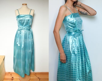 80s Metallic Turquoise Cocktail Dress, Vintage Shiny Striped Party Dress, S