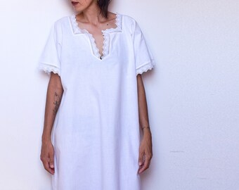 Antique White Embroidered Dress, Cotton Slip Dress, Boho Romantic Sundress, L