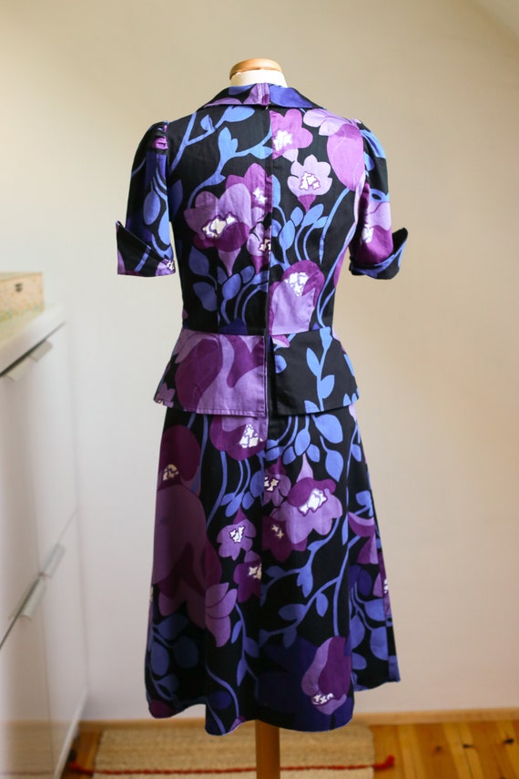 60s 70s Kaisu Heikkilä Purple Floral Peplum Dress… - image 6