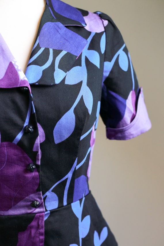 60s 70s Kaisu Heikkilä Purple Floral Peplum Dress… - image 4