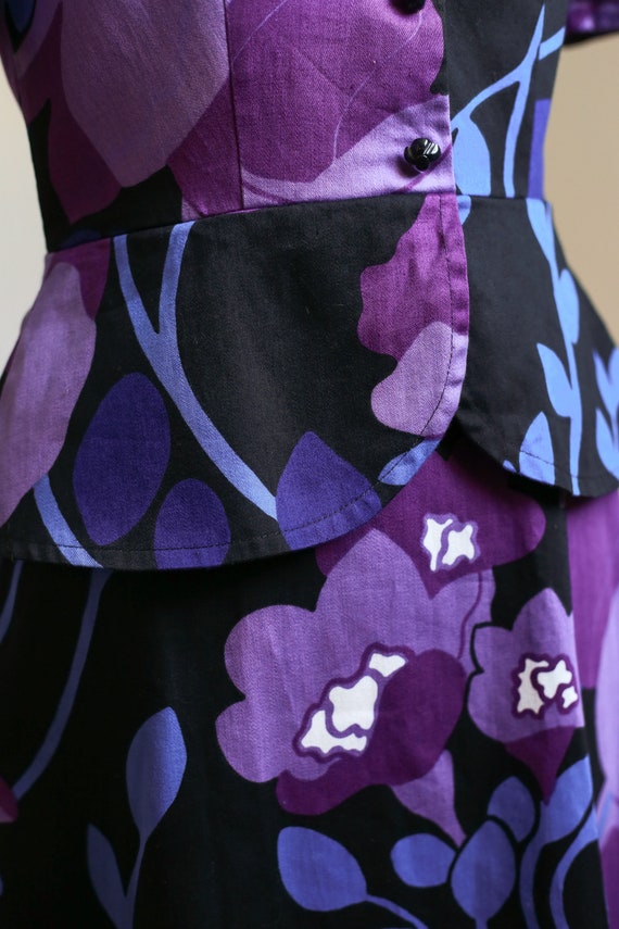 60s 70s Kaisu Heikkilä Purple Floral Peplum Dress… - image 8