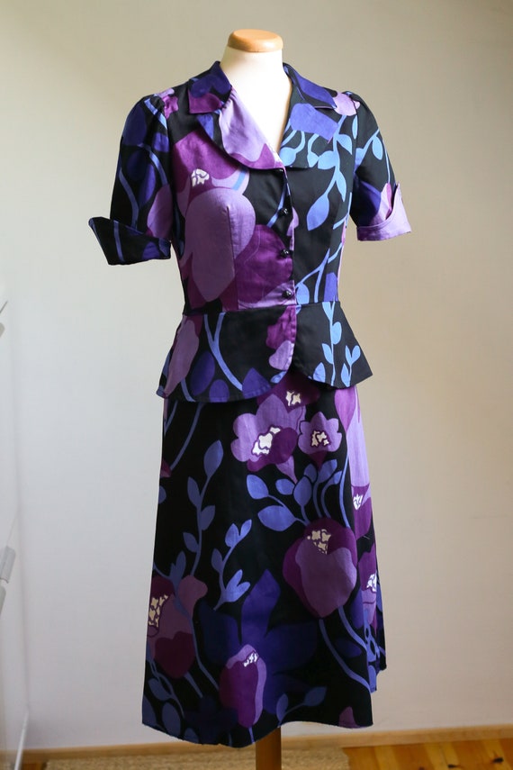 60s 70s Kaisu Heikkilä Purple Floral Peplum Dress… - image 2
