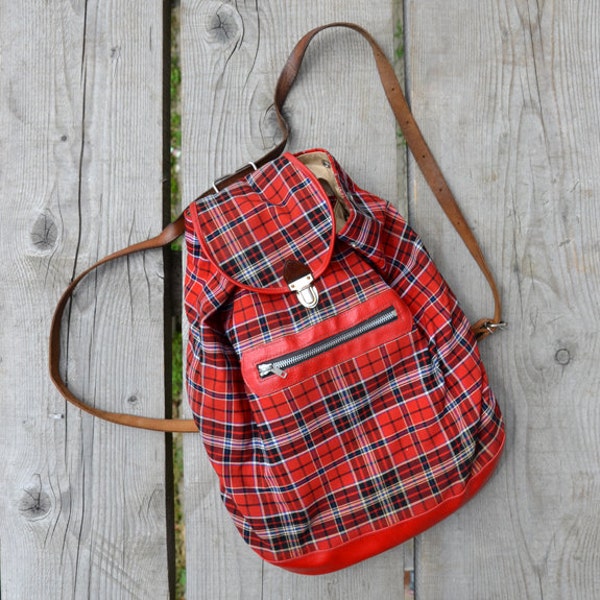 Red Hipster Hike Backpack, School Backpack, Festival Rucksack, Tartan, Leather, Waterproof Bucket Bag