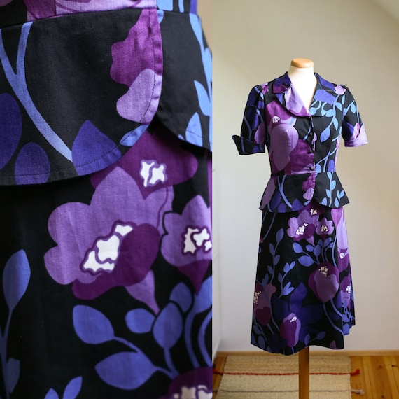 60s 70s Kaisu Heikkilä Purple Floral Peplum Dress… - image 1