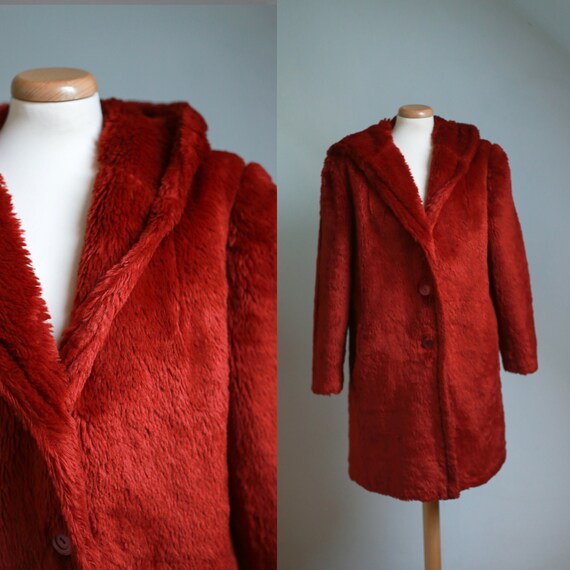 70s Dark Red Faux Fur Coat with Hoodie, S - M