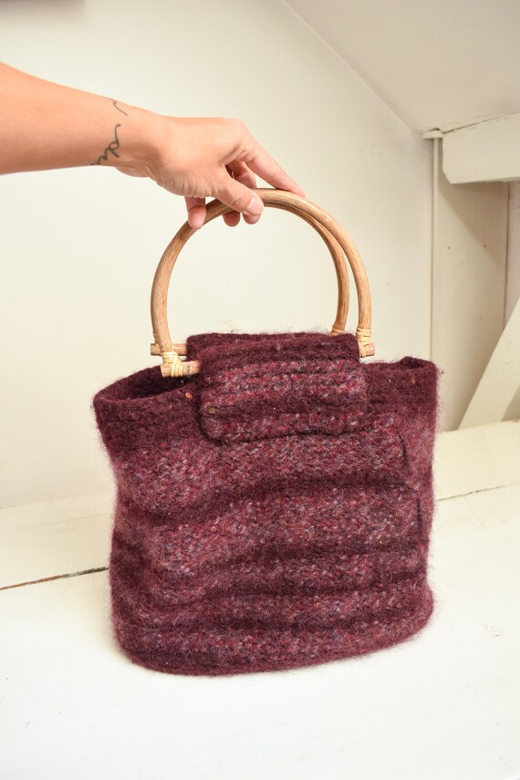 Hand knitted Wool Bag with Bamboos Handles Gem