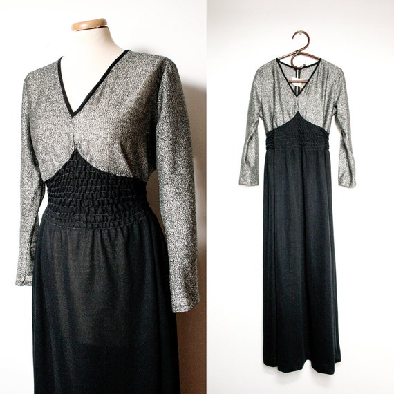 70s Black and Silver Evening Maxi Dress, Floor Len