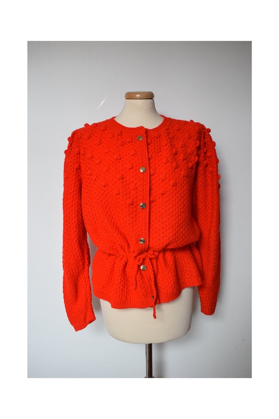 Popcorn Knit Bright Red Sweater, Boho Hippie Hand