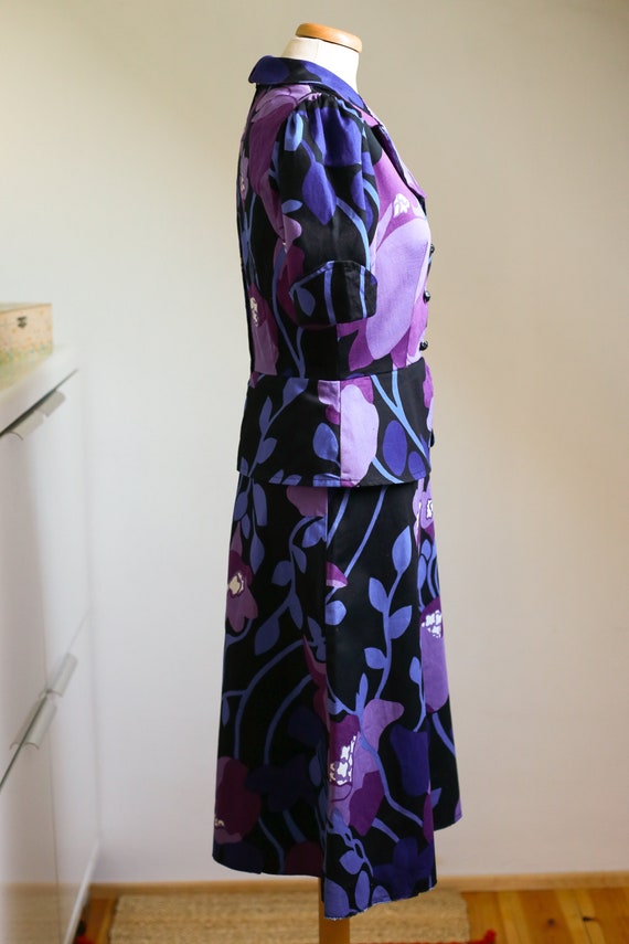 60s 70s Kaisu Heikkilä Purple Floral Peplum Dress… - image 5