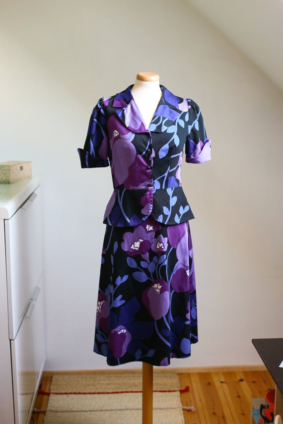 60s 70s Kaisu Heikkilä Purple Floral Peplum Dress… - image 3