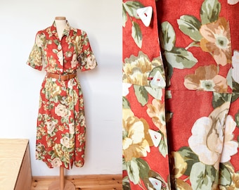 Vintage 80s Long Floral Linen Dress, M