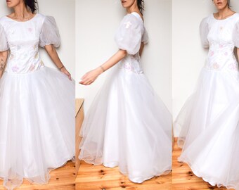 80s Tulle and Sequins Balloon Sleeves French Wedding Dress