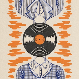 May include: A vintage illustration of a person with a vinyl record for a head. The person is wearing a blue and white striped shirt and a blue sweater. The background is a light beige with orange clouds. Green palm leaves are at the top and bottom of the image.