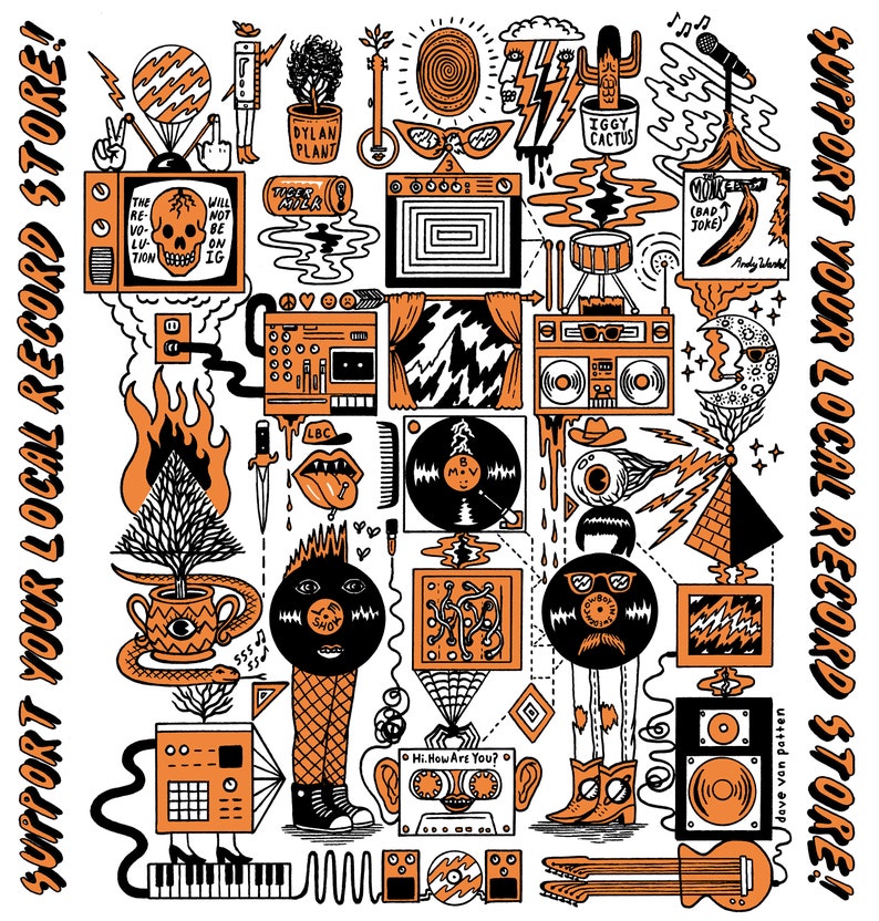 May include: A colorful illustration of a record store with various music-related items, including a record player, a cassette tape, a microphone, a guitar, and a cactus. The text "SUPPORT YOUR LOCAL RECORD STORE!" is repeated on the left and right sides of the image.