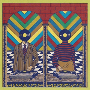 May include: Two figures with vinyl records for heads stand in front of turntables. The figures are wearing striped shirts and suits. The background is a checkered pattern.