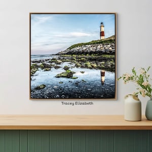 May include: A framed print depicting a lighthouse on a rocky shore. The lighthouse is white with a red stripe and is on a green hill. The water reflects the lighthouse. The artist's name, Tracey Elizabeth, is printed at the bottom.