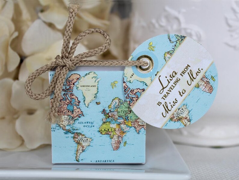 Shops Traveling from Miss to Mrs Map Favor Boxes 100 at 1.25 ea. map designs with personalized tag and jute, simple assembly