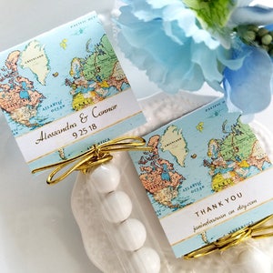 Map Favors 50 Sweet Stix Kit 1.00 ea. World Map Blue Seas custom 2 sided fold tag loops or jute cello bag add your candy or gum