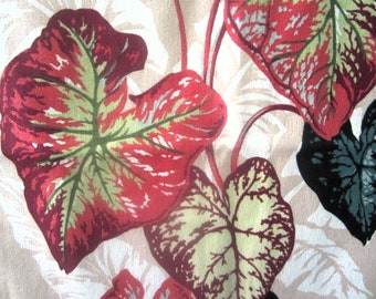 STUNNING CALADIUMS BARKCLOTH on Latte Mocha Background Mid Century Tiki Bar