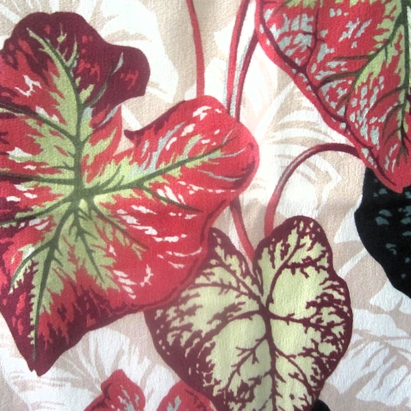 STUNNING CALADIUMS BARKCLOTH on Latte Mocha Background Mid Century Tiki Bar