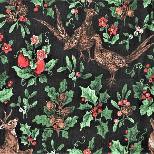 Winter Woodland Animals QUILTER'S COTTON FABRIC Holly Deer Squirrels Pheasants Fox Acorns Rabbits 1 Yard 30"