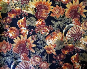 AUTUMN ACCENTS  FABRIC Fall Flowers Foliage Turkeys Fruits Berries Greenery All Outlined in Gold Metallic