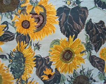 SUNFLOWER PROFUSION Linen Fabric 3 Large Pieces Vintage 1960s