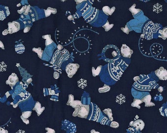 HOLIDAY POLAR BEARS Quilter's Cotton Navy Blue and Silver Metallic 3/4+ Yard