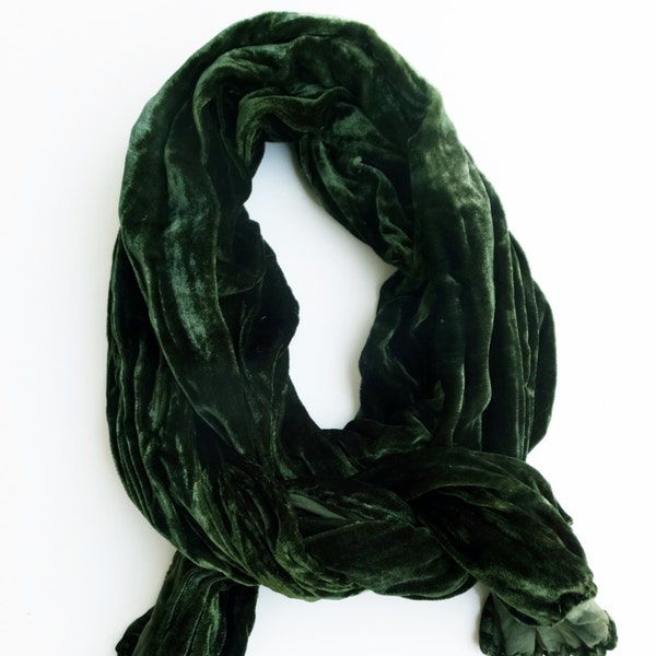 Velvet scarf - crinkle scarf - silk blend velvet - winter scarf - hand dyed - dark moss green - cypress - earth tone - 14"x72"