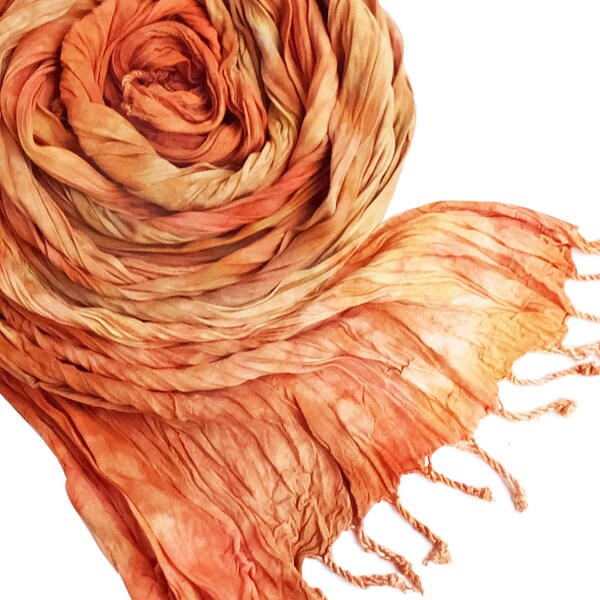 Orange scarf, orange fringe scarf, orange crinkle scarf, best friend gift, trending now, boho scarf, vegan gift, best selling items, scarves