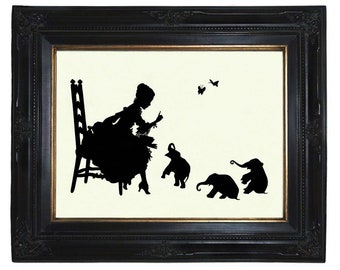 Silhouette Art Print Girl reads to Baby Elephants Bridgerton - Empire Victorian Steampunk Nursery Book Library Paper Cut Decoration