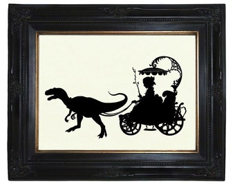 Silhouette fille animal de compagnie dinosaure raptor Velociraptor carrosse - victorien Steampunk Art impression affiche décoration Empire Bridgerton Shadow Cut