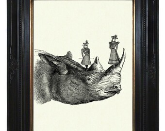 Girls playing on a Rhino Surrealism Collage Nursery - Victorian Steampunk Art Print Rhinoceros African Zoo Animal Natural History Poster