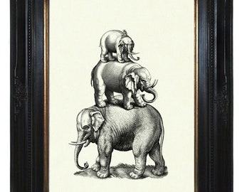 Elephants Monkey Art Print Pyramid Surrealism Zoo Circus Animals - Dark Academia Victorian Steampunk Natural History Poster Decoration