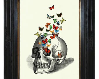 Butterflies human Skull Art Print Anatomy - Dark Academia Gothic Art Print Halloween Victorian Steampunk morbid Poster Decoration