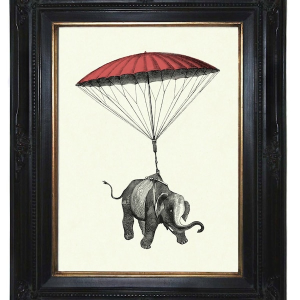 Elefant pinker Fallschirm Kunstdruck Steampunk Surrealismus Kinderzimmer Wanddeko Druck