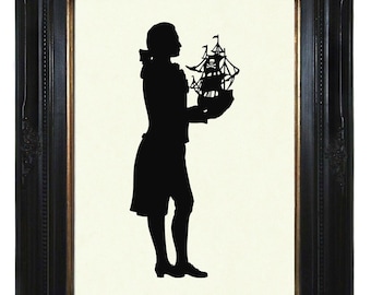 Silhouette Gentleman Herr mit Segelschiff Piratenschiff viktorianischer Kunstdruck Scherenschnitt nautisch