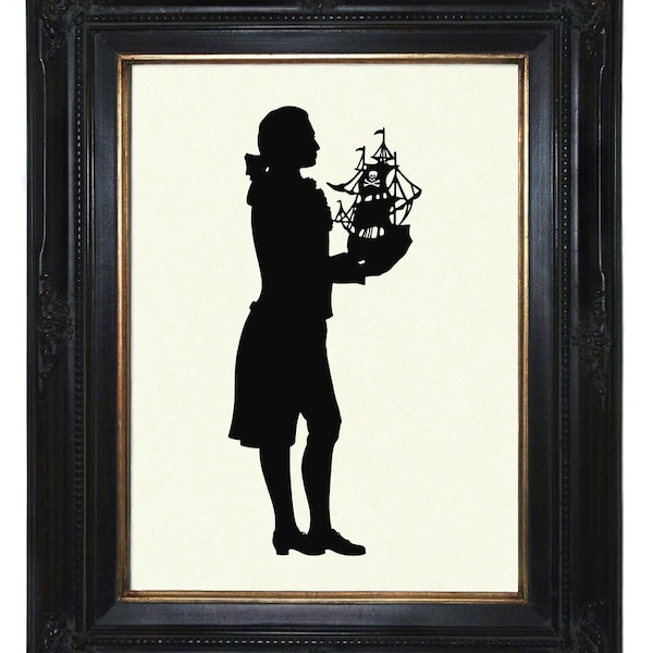 Silhouette Gentleman Herr mit Segelschiff Piratenschiff viktorianischer Kunstdruck Scherenschnitt nautisch