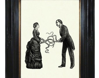 Valentijnsdag Victoriaans echtpaar met tentakelarmen Octopus Kraken Lady Gentleman - Dark Academia Steampunk Art Print Poster Decoratie