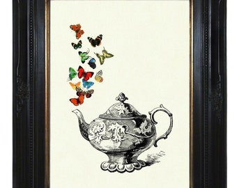 Teapot Butterflies Tea Party Kitchen Cottagecore Shabby Chic - Victorian Steampunk Art Print Porcelain Insects