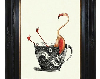 Pink Flamingo bathing in a Tea Cup Party Cottagecore - Victorian Steampunk Art Print Poster Kitchen Nursery Birds Animals